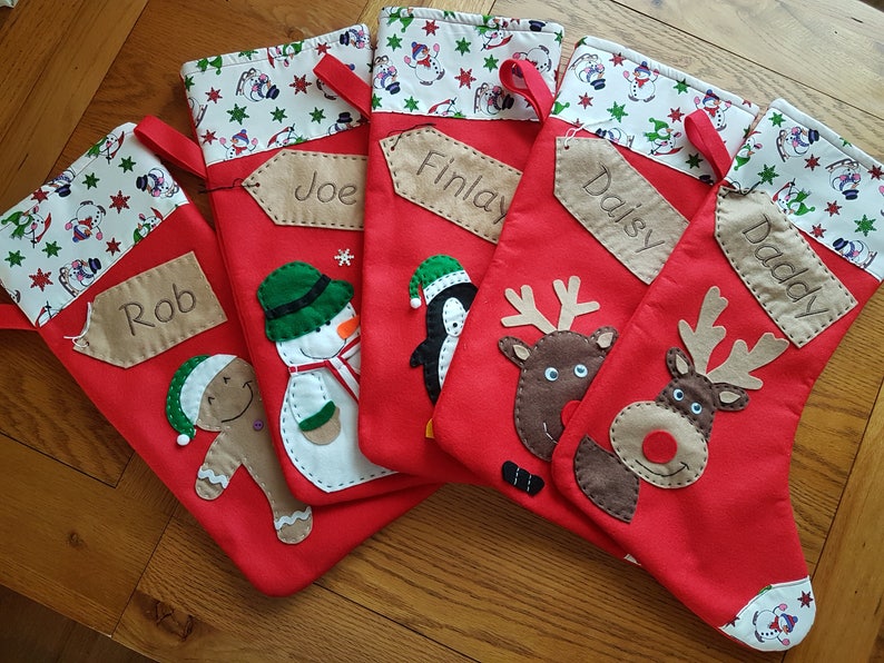 Personalised Christmas Stocking Handmade Red Gingerbread Man-with white snowman and Xmas stars