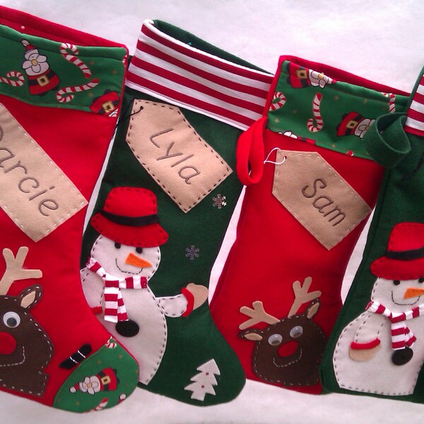Personalised Christmas Stocking - Santa-Green Snowman - Red Reindeer -Handmade