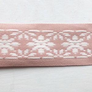 Scandinavian Folk Art Ribbon Woven White Flowers on Pink Extra Wide Per Yard