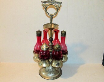 Antique Racine SilverPlate 6 Pc Cruet Set, Cranberry Thumb Print Cruet Set, 1875-1882, Cranberry Red Glass, Serving Set, Table Ware