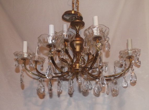 Vintage French Brass Prism Chandelier 12 Light 8 Arm 2 Tier Vintage French Brass Prism Chandelier 12 Light 8 Arm 2 Tier Beautiful Elegant Lighting Pendant Hanging Lamp Gold