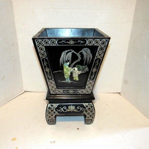 Vintage Black Lacquer Wood Planter, Chinese Planter, Carved Figures, Geisha