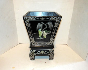 Vintage Black Lacquer Wood Planter, Chinese Planter, Carved Figures, Geisha