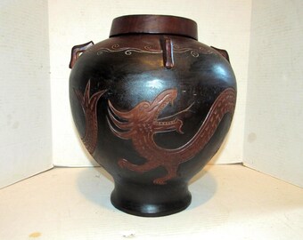 Large Oriental Wood Jar W/Lid, Rice Jar, Carved Dragon, 4 Carved Strap Handles, Asian Dragon Design, Asian Wood Lidded Canister, Storage Jar