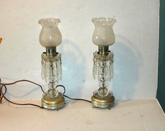 Vintage Pair Crystal Prism Glass Boudoir Table Lamps Frosted Etched Lamp Shades, Candlestick Lamps, 1950's, Lighting, Decor