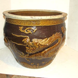 Large Vtg Brown Chinese Raised Dragon Planter Pot, Chinese Pottery Jardiniere, 19"x 16", Brown Glaze Chinese Pottery, Embossed Dragon,