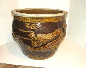 Large Vtg Brown Chinese Raised Dragon Planter Pot, Chinese Pottery Jardiniere, 19"x 16", Brown Glaze Chinese Pottery, Embossed Dragon,