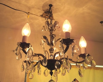 Mid Century Heavy Brass Prism Chandelier, 5 Lights, Pendant Chandelier, Lighting 18", MCM, Home Decor, Sparkling Prisms