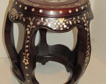 Asian Inlaid Mother Of Pearl Mahogany Barrel Drum Stool / Table / Stand 17.5" Tall, Plant Stand, Decor Furniture, Oriental Drum Stool