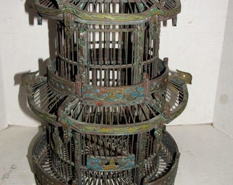Vintage Chinese Wood Carved Pagoda Bird Cage, Oriental Geisha, Round, Decorative, Hand Painted, Intricate Hand Carved, Asian Bird Cage
