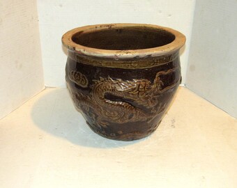 Vintage Brown Glaze Raised Dragon Jardiniere Planter Pot, Chinese Pottery, 15"x 12.5", Brown Glaze Chinese Pottery, Embossed Dragon,