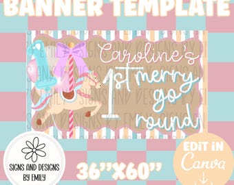 First Merry Go Round Birthday Banner Template | Editable 36"x60" Canva Template | Digital Download | DIY Painted Sign | Mockup