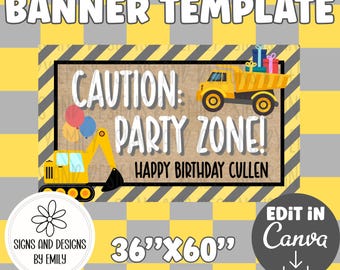 Construction: Party Zone Birthday Party Banner Template | Editable 36"x60" Canva Template | Digital Download | DIY Painted Sign | Mockup