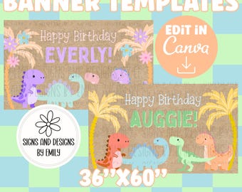 Cute Girl and Boy Dinosaur Birthday Banner Template Bundle| Editable 36"x60" Canva Templates | Digital Download | DIY Painted Sign | Mockup