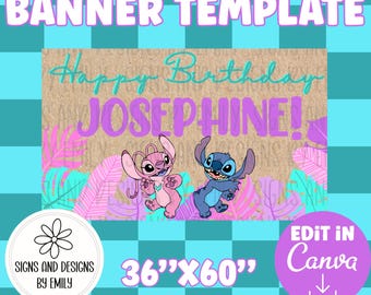 Stitch and Angel Birthday Party Banner Template | Editable 36"x60" Canva Template | Digital Download | DIY Painted Sign | Mockup
