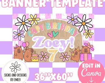 Capybara Birthday Party Banner Template | Editable 36"x60" Canva Template | Digital Download | DIY Painted Sign | Mockup
