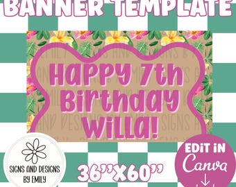Tropical Birthday Party Banner Template | Editable 36"x60" Canva Template | Digital Download | DIY Painted Sign | Mockup