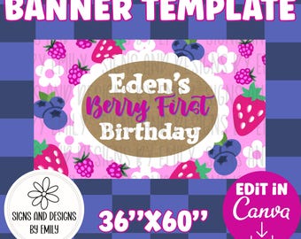 Berry First Birthday Party Banner Template | Editable 36"x60" Canva Template | Digital Download | DIY Painted Sign | Mockup