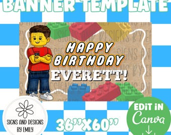 Lego Guy Birthday Party Banner Template | Editable 36"x60" Canva Template | Digital Download | DIY Painted Sign | Mockup