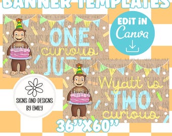 Curious Monkey Birthday Banner Template | Editable 36"x60" Canva Template | Digital Download | DIY Painted Sign | Mockup