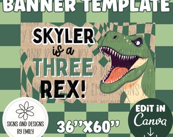 Three-Rex Birthday Banner Template | Editable 36"x60" Canva Template | Digital Download | DIY Painted Sign | Mockup