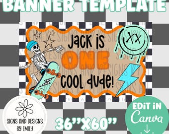 ONE Cool Dude Birthday Party Banner Template | Editable 36"x60" Canva Template | Digital Download | DIY Painted Sign | Mockup