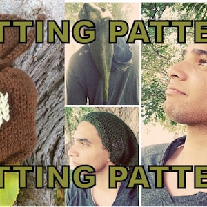 Puede incluir: Patrones de tejido para una bolsa de punto marrón, una bufanda con capucha verde y un gorro verde. El texto "Knitting Patterns" aparece dos veces en la imagen.