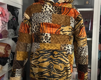Animal print patchwork minky hoodie