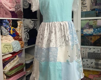 Blue Linen Patchwork Dress: Ruffled Lace Sleeves, Loose Fit with Tie