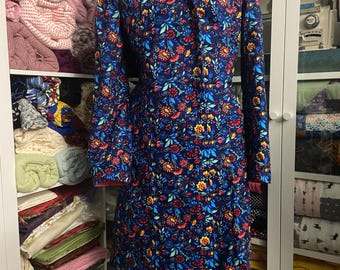 Blue Floral Collared Jacket, Knee Length, Women's Large