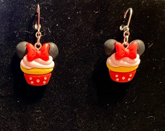 Minnie Mouse Cupcake Earrings - Lever Back Dangle Hypoallergenic Disney Jewelry - Gift - Stocking Stuffer