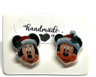 Mickey and Minnie Christmas Hat Holiday Stud Earrings - Hypoallergenic Disney Jewelry -  Gift - Stocking Stuffer