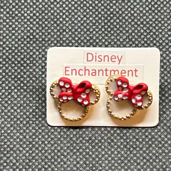 Pendientes de botón de Minnie Mouse con icono blanco y lazo - Joyas hipoalergénicas de Disney - Regalo - Relleno de medias navideñas