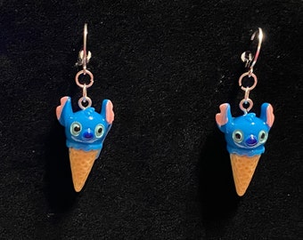 Stitch Ice Cream Cone Earrings - Lever Back Dangle Hypoallergenic Disney Snack Treat - Gift - Stocking Stuffer