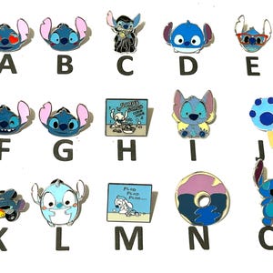 May include: Collection of enamel pins featuring the character Stitch from Lilo & Stitch. Designs include Stitch with hearts, in a vampire costume, wearing glasses, and on a popsicle. Other pins show Stitch in various poses and settings.