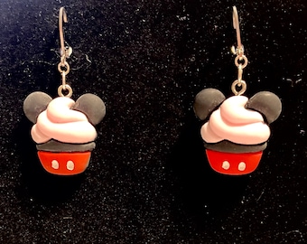 Mickey Mouse Cupcake Earrings - Lever Back Dangle Hypoallergenic Disney Jewelry - Gift - Stocking Stuffer