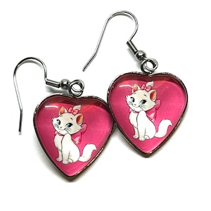 Marie Kitten Heart Dangle Earrings - Hypoallergenic Disney Jewelry - Gift - Stocking Stuffer