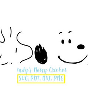 May include: Black and white line art illustration of Snoopy and Woodstock from the Peanuts comic strip. The text "Indy's Noisy Cricket" is below the image. The text "SVG, PDF, DXF, PNG" is below the text.