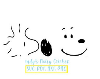 May include: Black and white line art illustration of Snoopy and Woodstock from the Peanuts comic strip. The text "Indy's Noisy Cricket" is below the image. The text "SVG, PDF, DXF, PNG" is below the text.