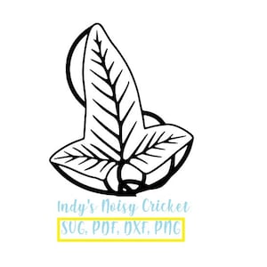 May include: Black and white line art illustration of a single leaf with a curled stem. The text "Indy's Noisy Cricket" and "SVG, PDF, DXF, PNG" is below the leaf.