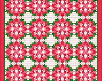 May include: A square quilt featuring a repeating geometric star pattern in shades of red, pink, and white, accented with green triangular shapes. The design is framed by a thin green border and a wider red outer border, all on a white grid background.