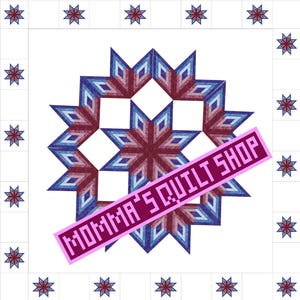 May include: A quilt pattern featuring a large, multi-coloured starburst design with a pink and purple diagonal banner across the centre that reads "Momma's Quilt Shop". The background is white with a border of small, blue stars.