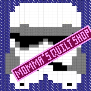 May include: Pixel art of a white Stormtrooper helmet against a blue background with white stars. The text "MOMMA'S QUILT SHOP" is diagonally across the image in pink letters.