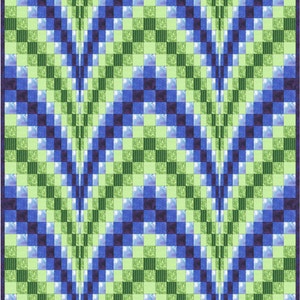 May include: A quilt with a checkered pattern in shades of blue, green, and white. The quilt is made up of small squares, and the colors are arranged in a repeating pattern.