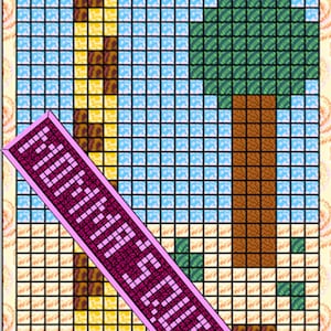 Peut inclure: Un motif de point de croix représentant une girafe, un arbre et un coucher de soleil. La girafe est jaune et marron, l'arbre est vert et marron, et le coucher de soleil est orange et jaune. Le motif est encadré d'une bordure blanche.
