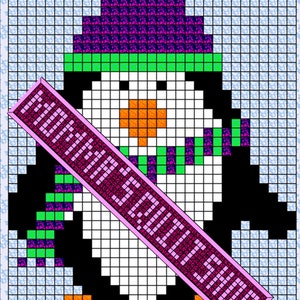May include: A pixel art design of a penguin wearing a green and purple hat and a green and black striped scarf. The penguin is holding a pink banner that says "Happy Holidays".