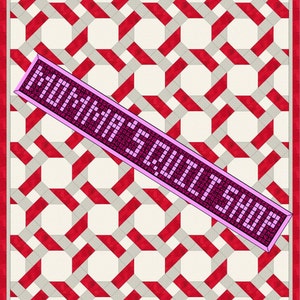 May include: A red and white quilt pattern with a pink banner that says "Handmade Quilt Shop".