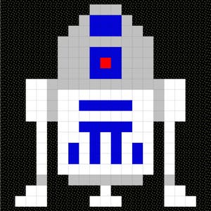 May include: A pixel art illustration of R2-D2, a fictional robot from the Star Wars franchise. The robot is depicted in a white, gray, and blue color scheme, with a red square on its head.