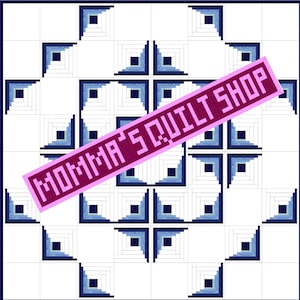 May include: A quilt pattern with a white background and blue and black squares arranged in a geometric pattern. The pattern is called "Momma's Quilt Shop".