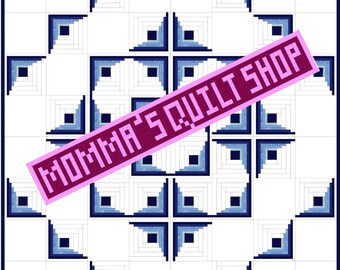May include: A quilt pattern with a white background and blue and black squares arranged in a geometric pattern. The pattern is called "Momma's Quilt Shop".